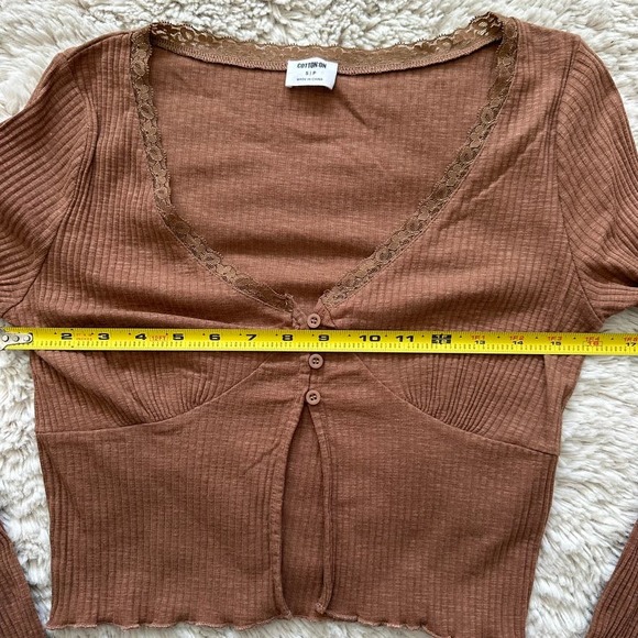 Cotton On Brown Long Sleeve Crop Top With Lace Trim Lining Women's Size Small - Picture 7 of 9